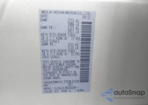 2015 Nissan Pathfinder Sl из США, поврежденный, VIN 5N1AR2MM3FC708359